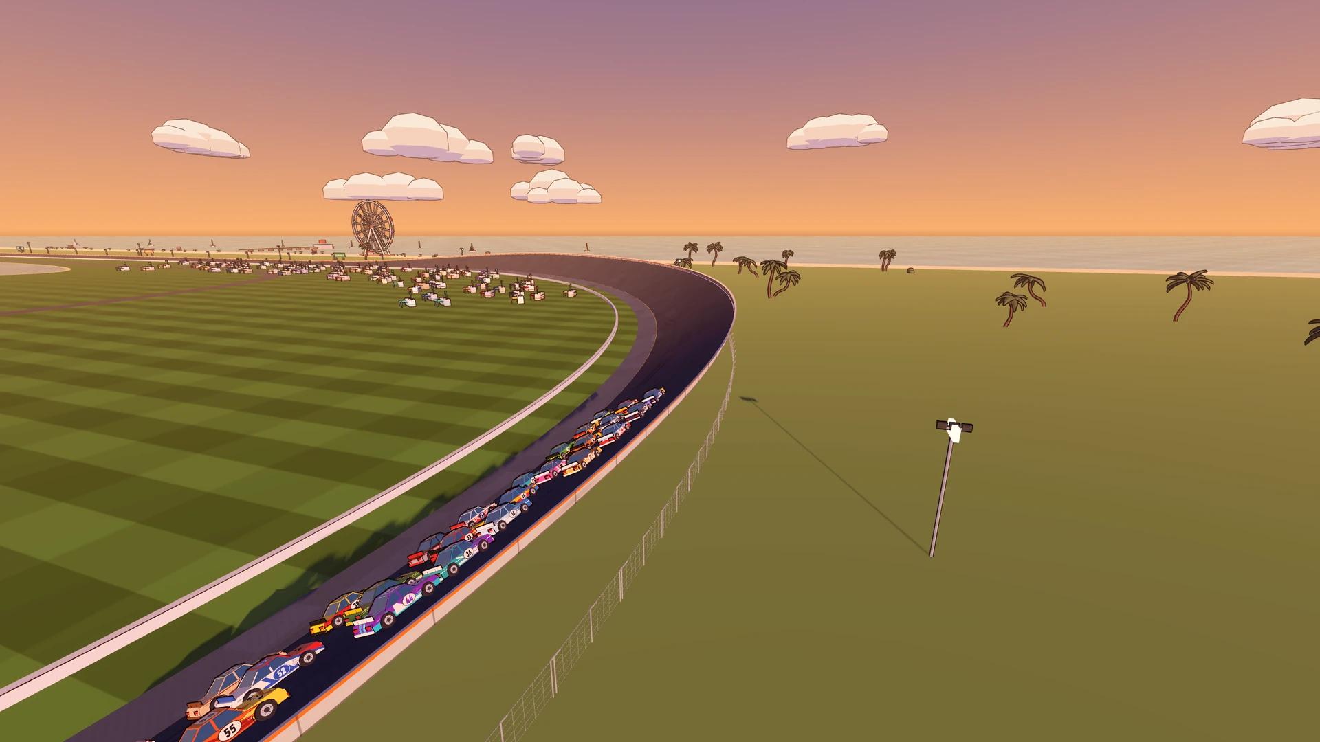 Thirty stock cars sweep through the banking at Coastal 250.