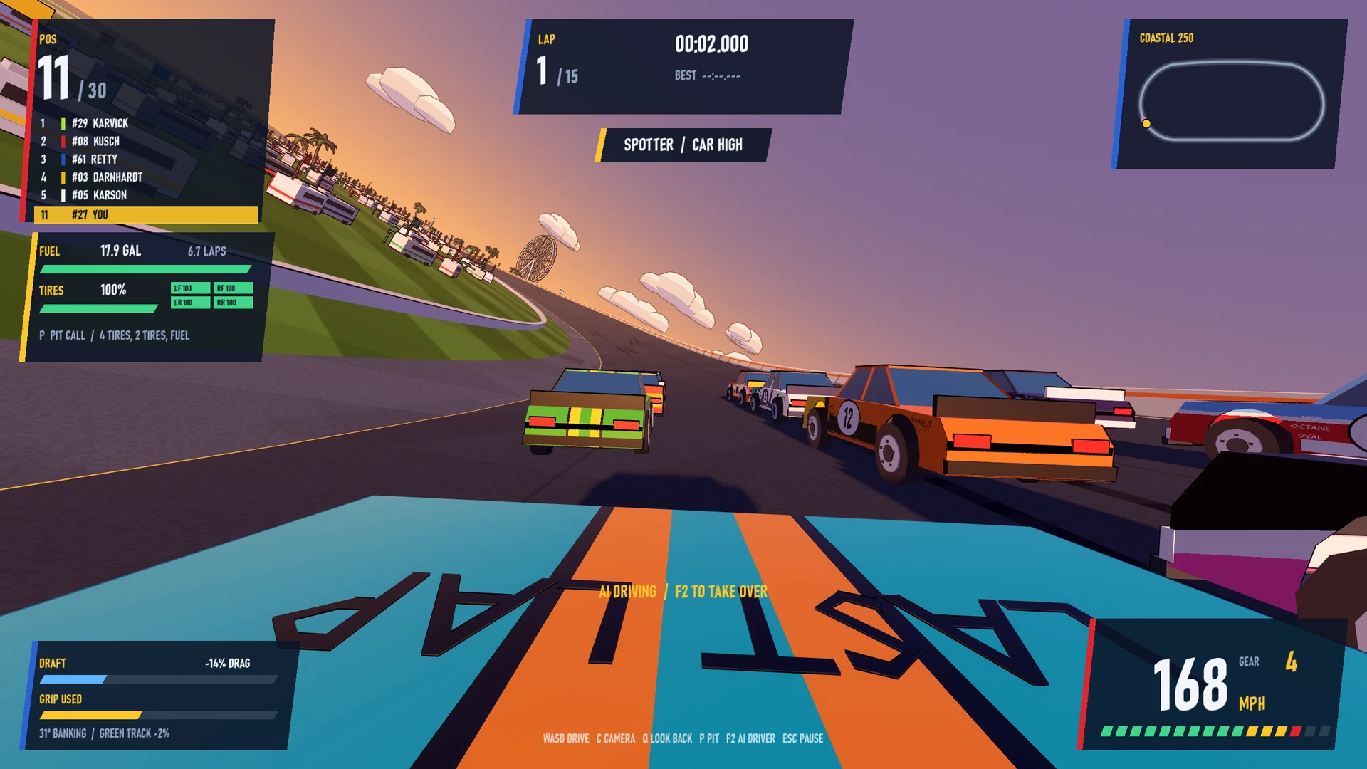 Hood-view racing at Coastal 250 with the in-game racing HUD.