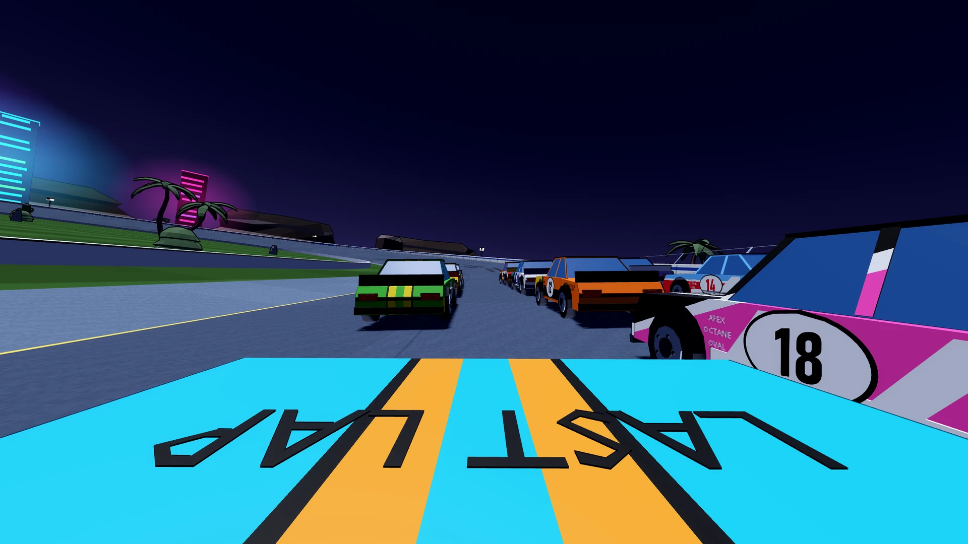 A hood-view run through the nighttime Neon Valley oval.