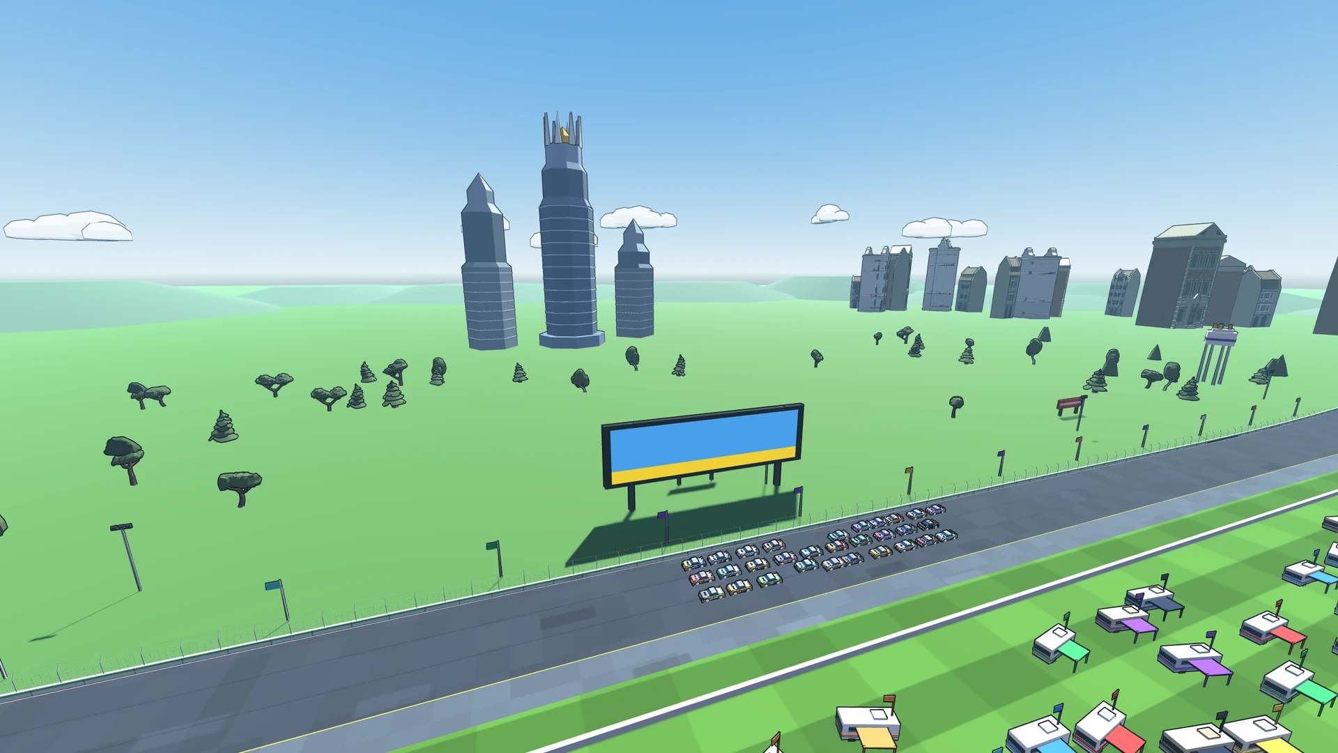 A full stock-car field passes the Queen City Quad skyline.