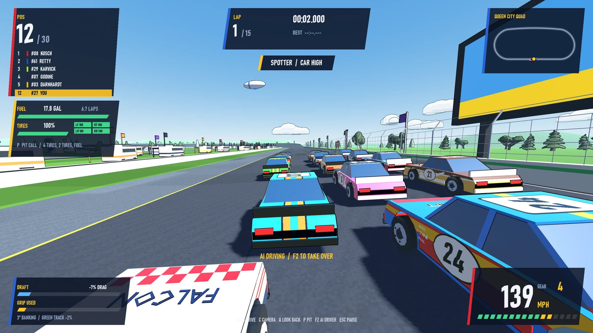 Chase-view racing at Queen City Quad with position, speed and tire HUD.