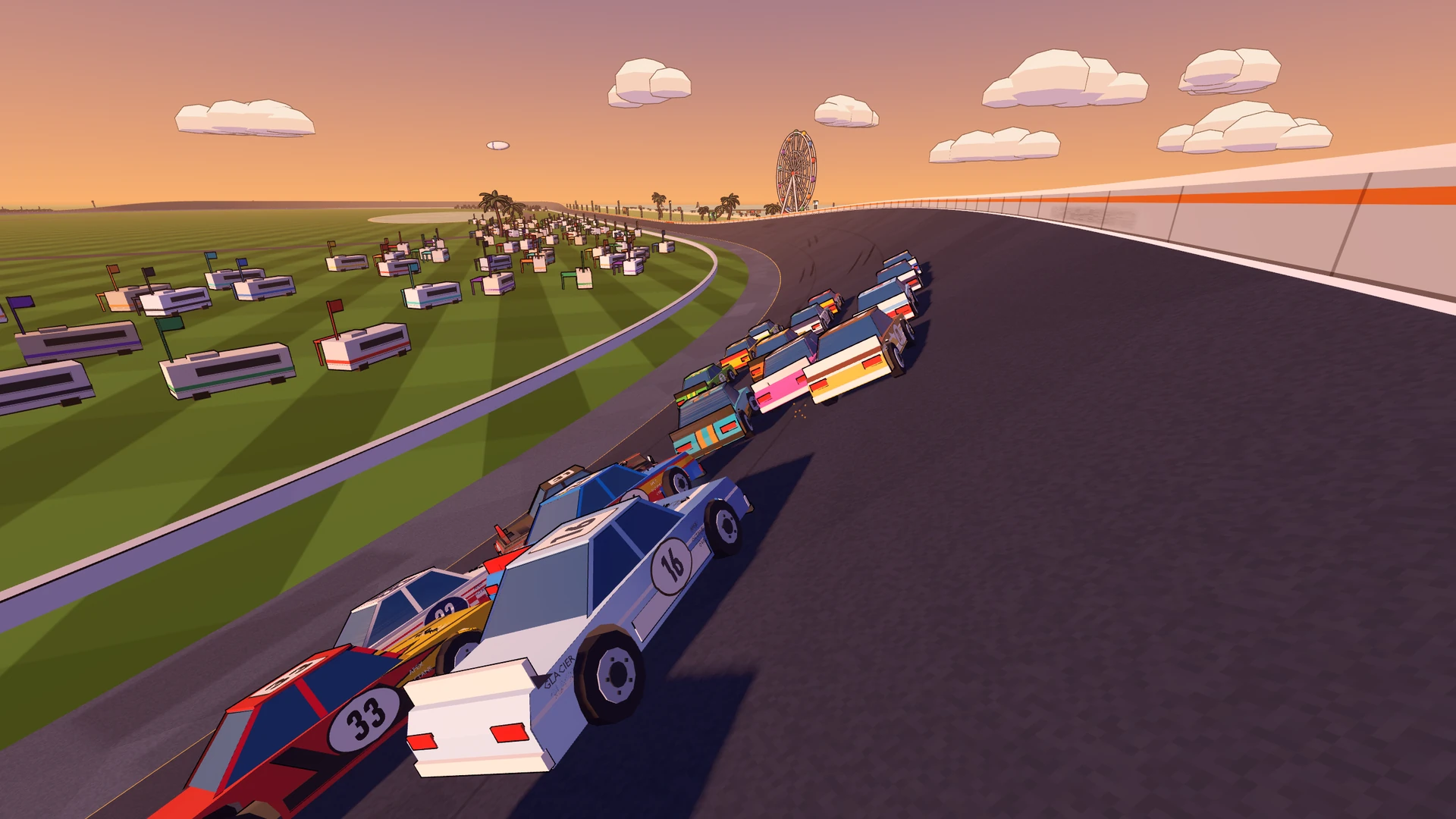 A staged contact between real simulated stock cars at Coastal 250.