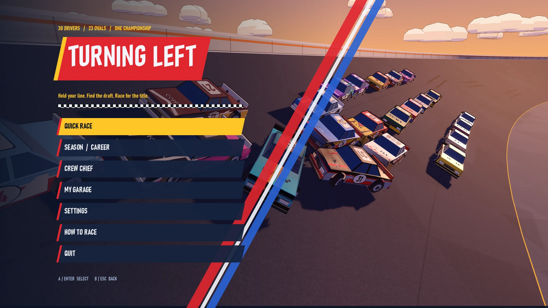 The Turning Left main menu over a full racing field.