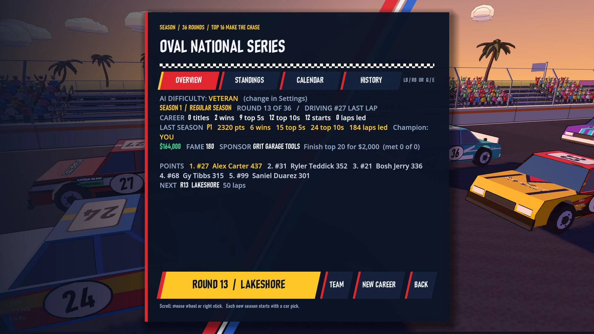 The driver career overview with results and next event.