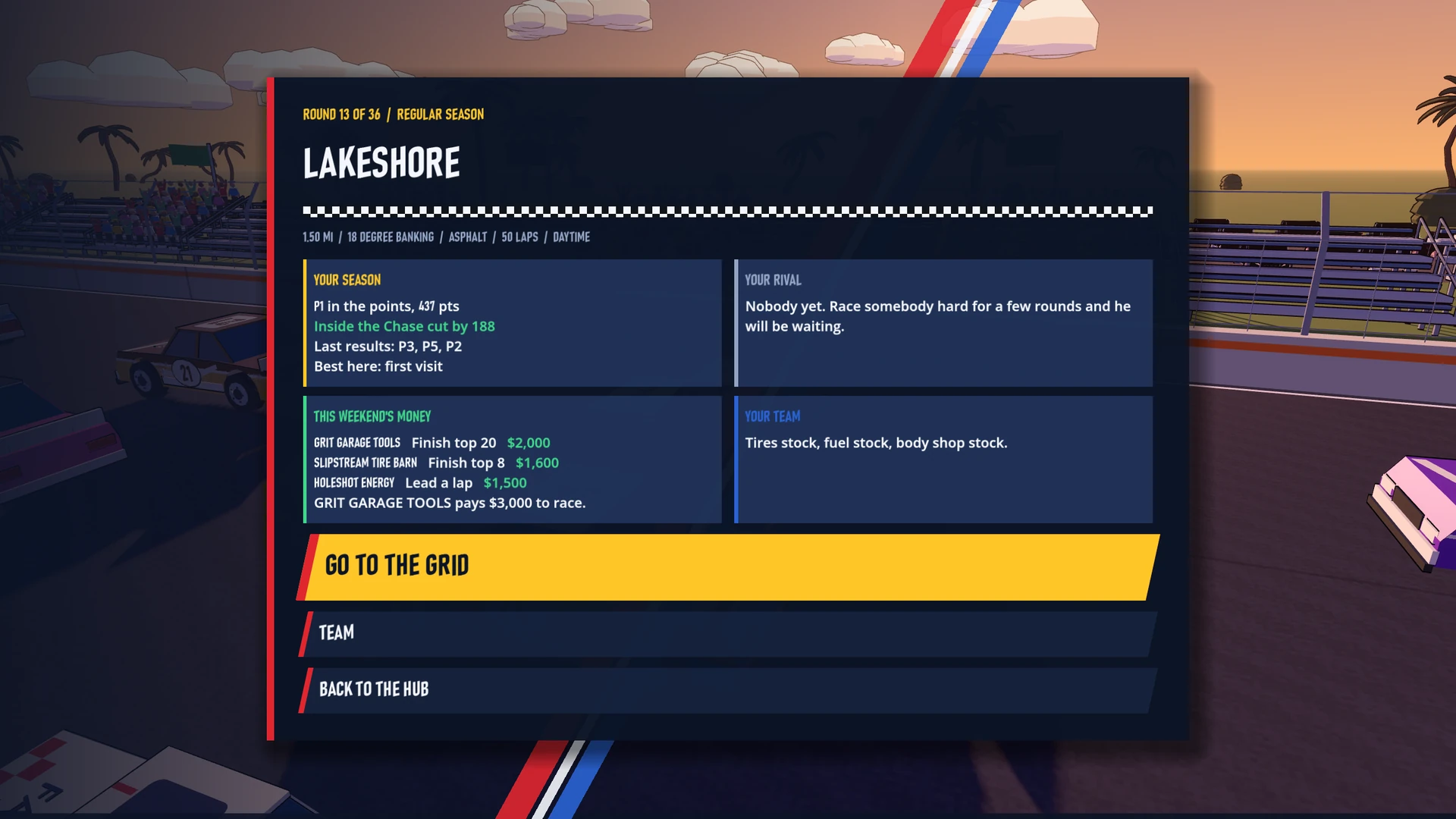 The weekend screen with track and race information.